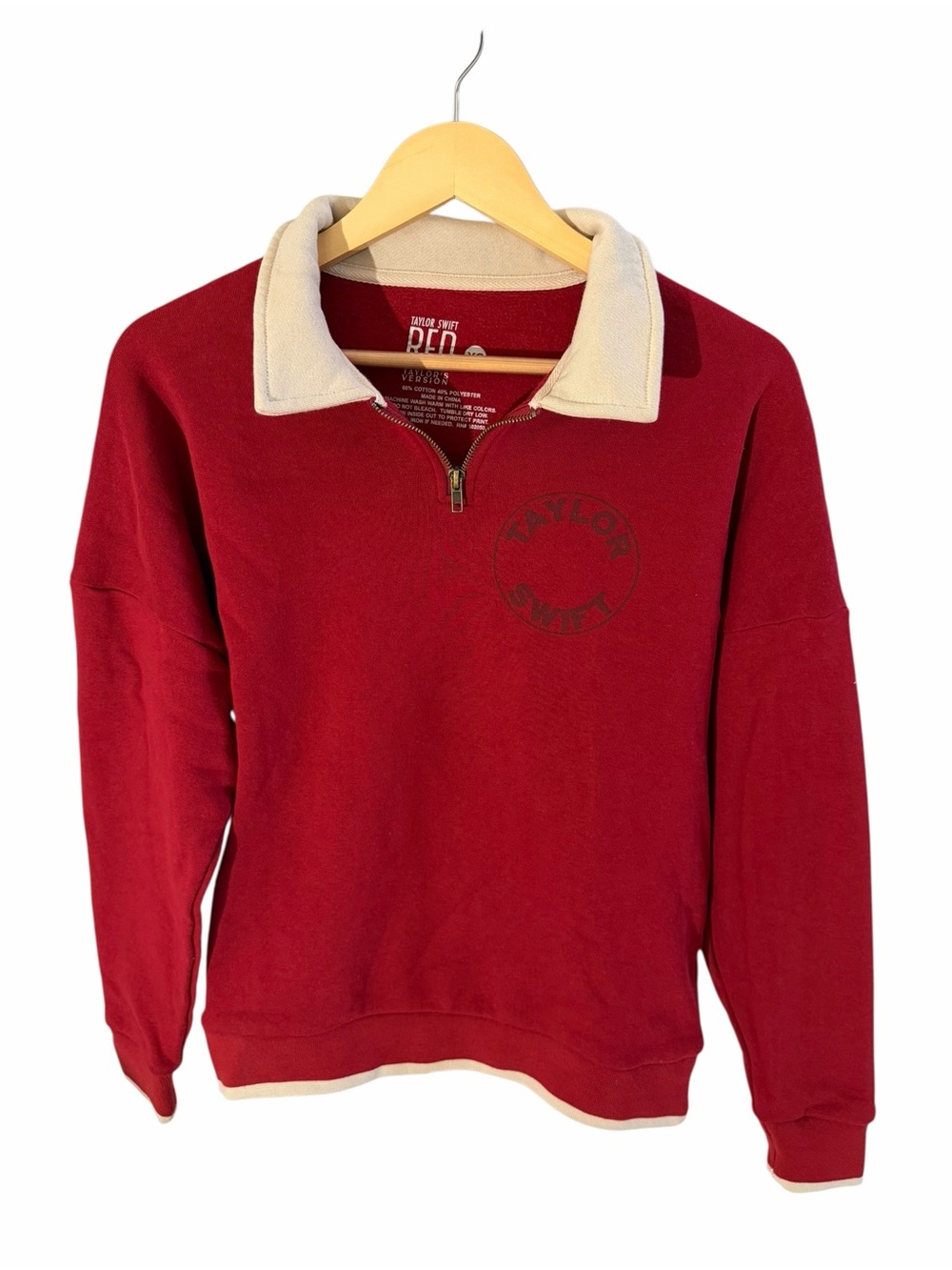 Taylor Swift Red Zip-Up Sweater with Cream Contrast Collar
